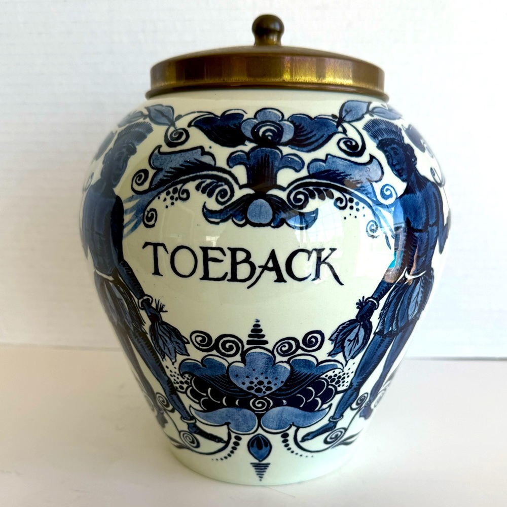 Delft Blue Ceramic Tobacco "Toeback" Jar with Brass Lid by Royal Goedewaagen